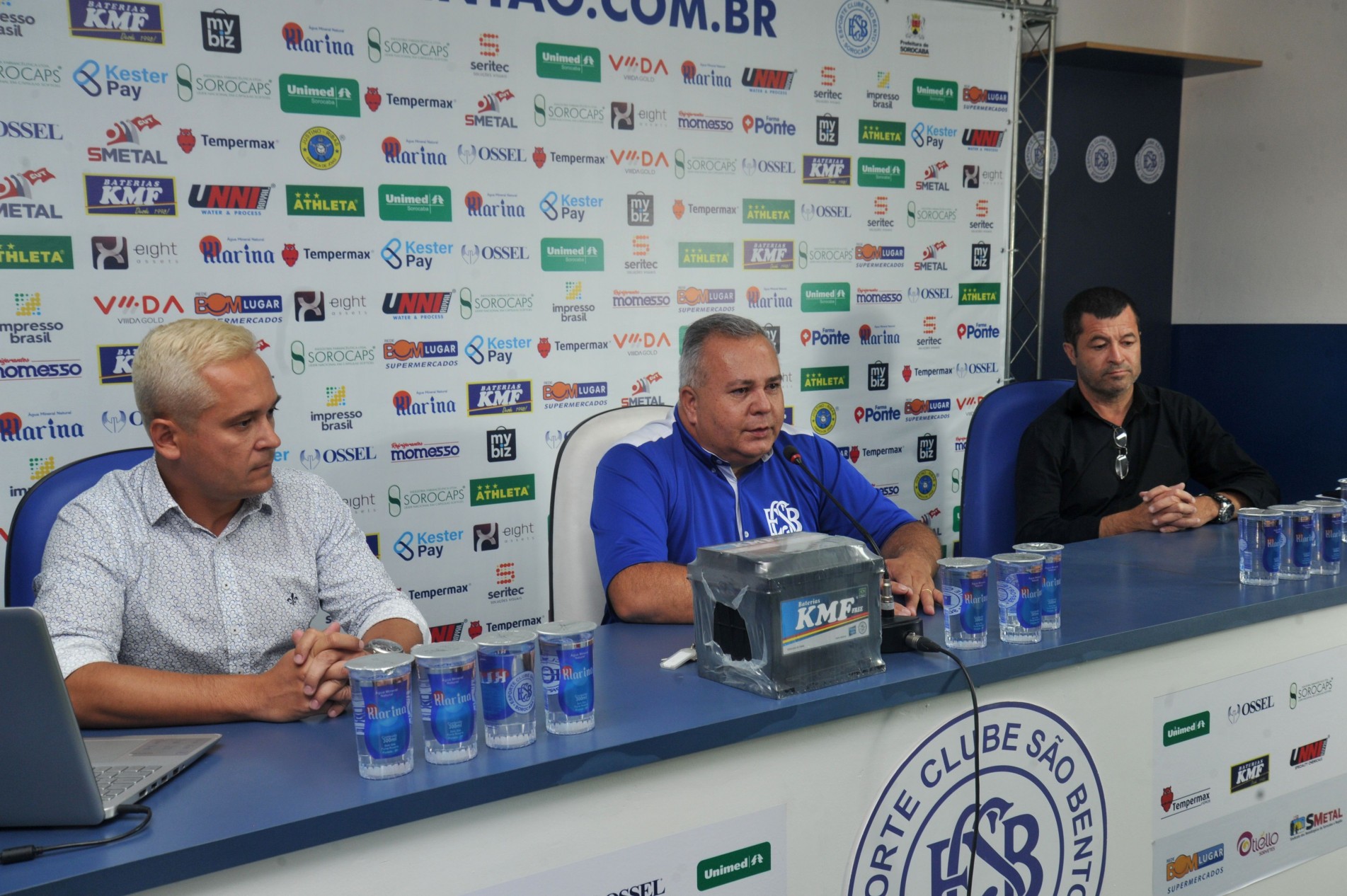 Juliano Amorim, diretor de futebol do São Bento; presidente Almir Laurindo; e vice-presidente Florisio Viana.