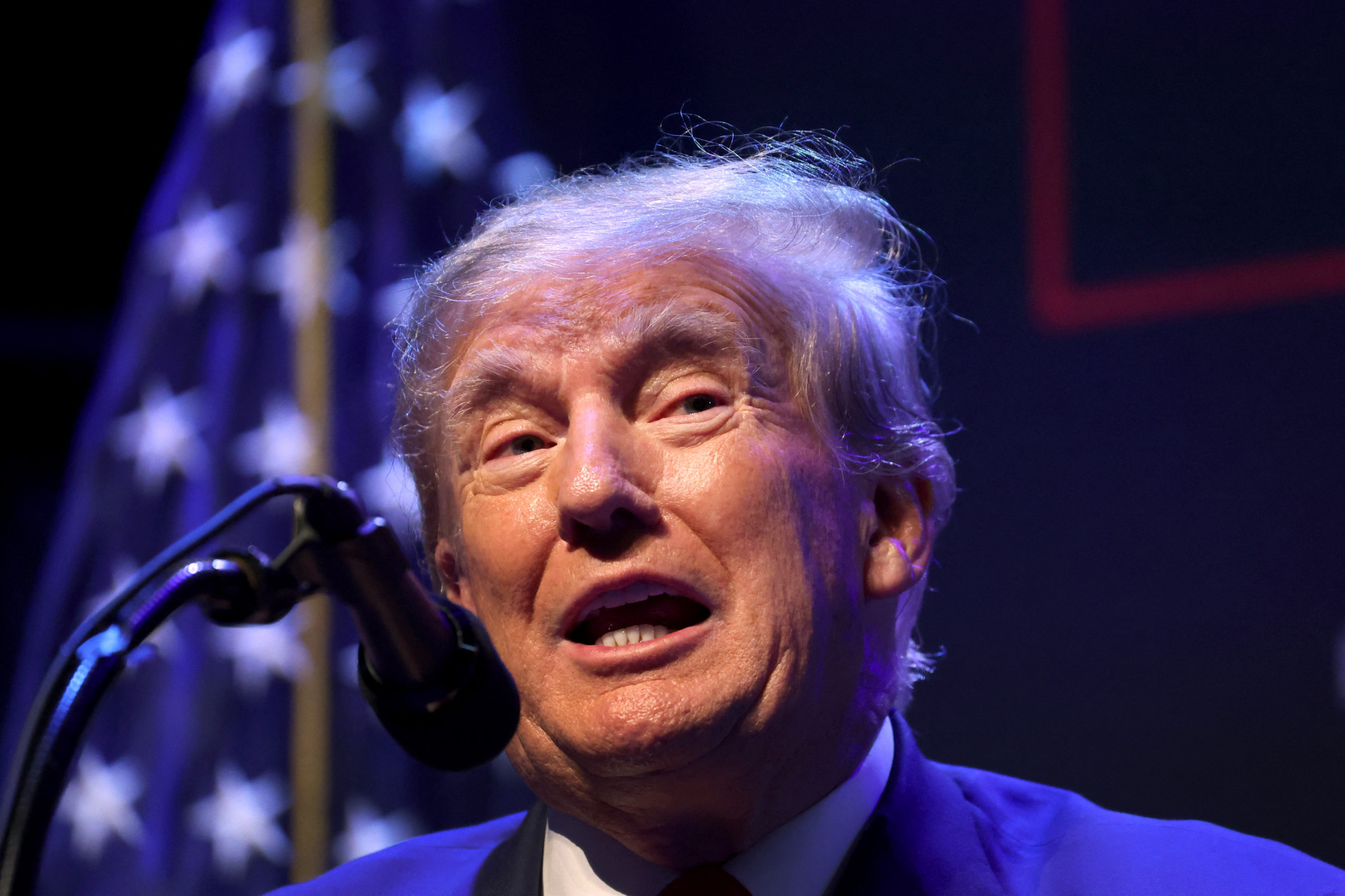  DAVENPORT, IOWA - MARCH 13: Former President Donald Trump speaks to guests gathered for an event at the Adler Theatre on March 13, 2023 in Davenport, Iowa. Trump's visit follows those by potential challengers for the GOP presidential nomination, Florida Gov. Ron DeSantis and former U.N. Ambassador Nikki Haley, who hosted events in the state last week.   Scott Olson/Getty Images/AFP (Photo by SCOTT OLSON / GETTY IMAGES NORTH AMERICA / Getty Images via AFP)