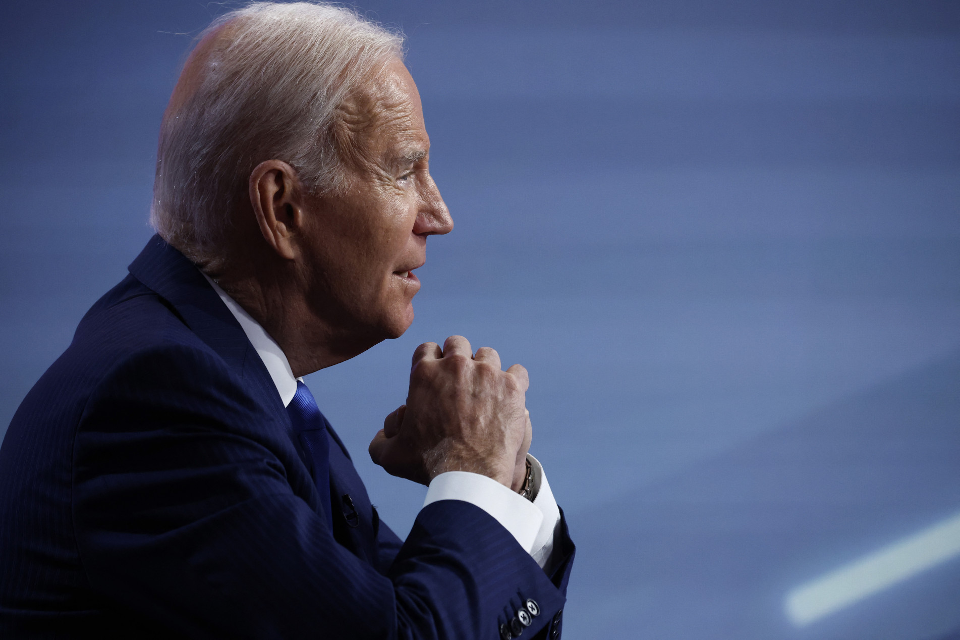  WASHINGTON, DC - MARCH 29: U.S. President Joe Biden delivers remarks while hosting the virtual Summit for Democracy Virtual Plenary session from the South Court Auditorium in the Eisenhower Executive Office Building on March 29, 2023 in Washington, DC. His remarks, titled 'Democracy Delivering on Global Challenges' focused on working against autocracy around the world.   Chip Somodevilla/Getty Images/AFP (Photo by CHIP SOMODEVILLA / GETTY IMAGES NORTH AMERICA / Getty Images via AFP)