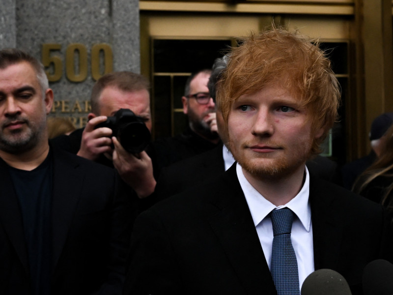  NEW YORK, NEW YORK - MAY 04: Ed Sheeran leaves Manhattan Federal Court and speaks to media after he was found not guilty in a music copyright trial on May 4, 2023 in New York City. The heirs of the Ed Townsend estate sued Ed Sheeran alleging that his song ?Thinking Out Loud? infringes on Marvin Gay's 