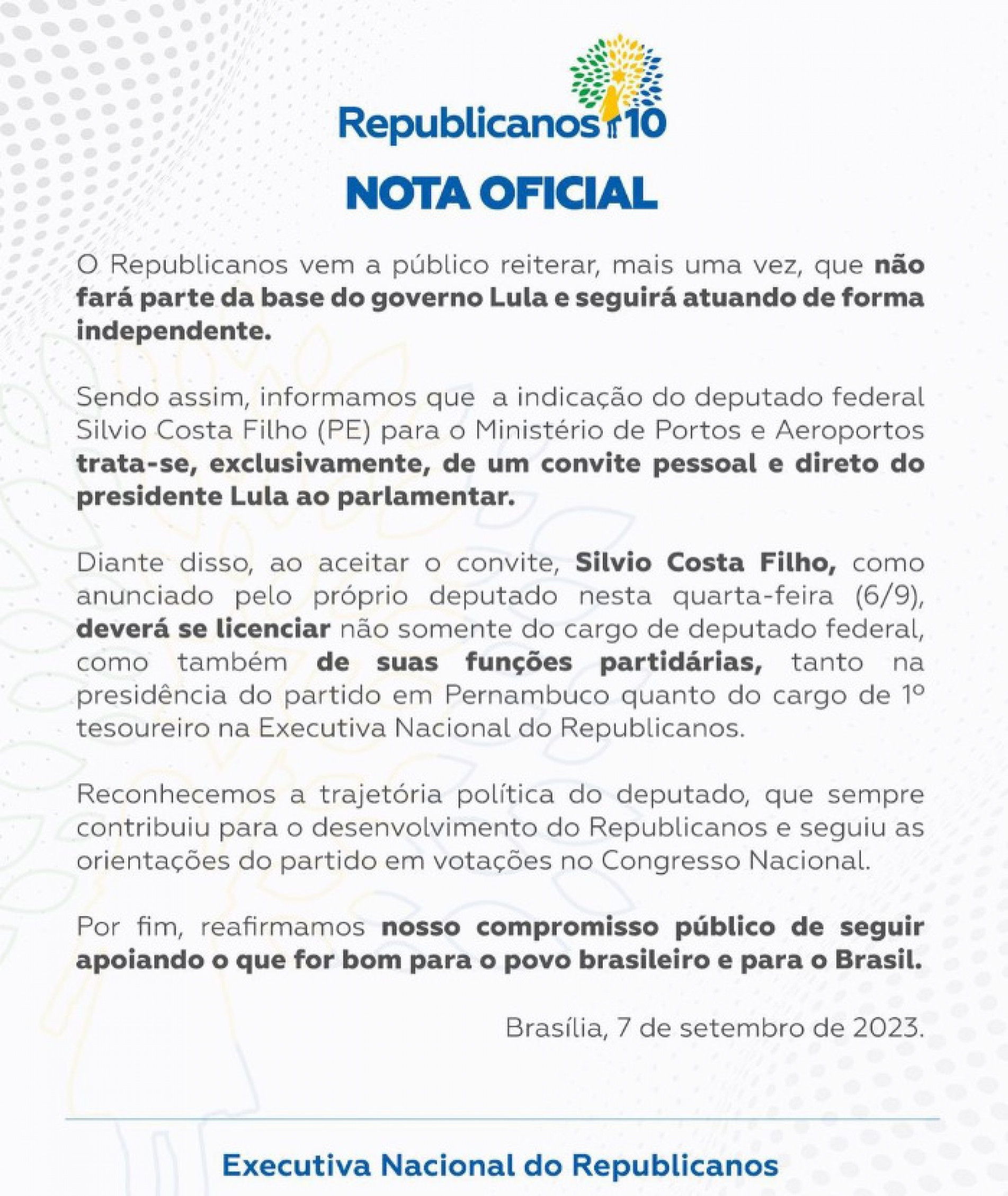 Republicanos diz que não fará parte do governo Lula mesmo com indicado a ministro