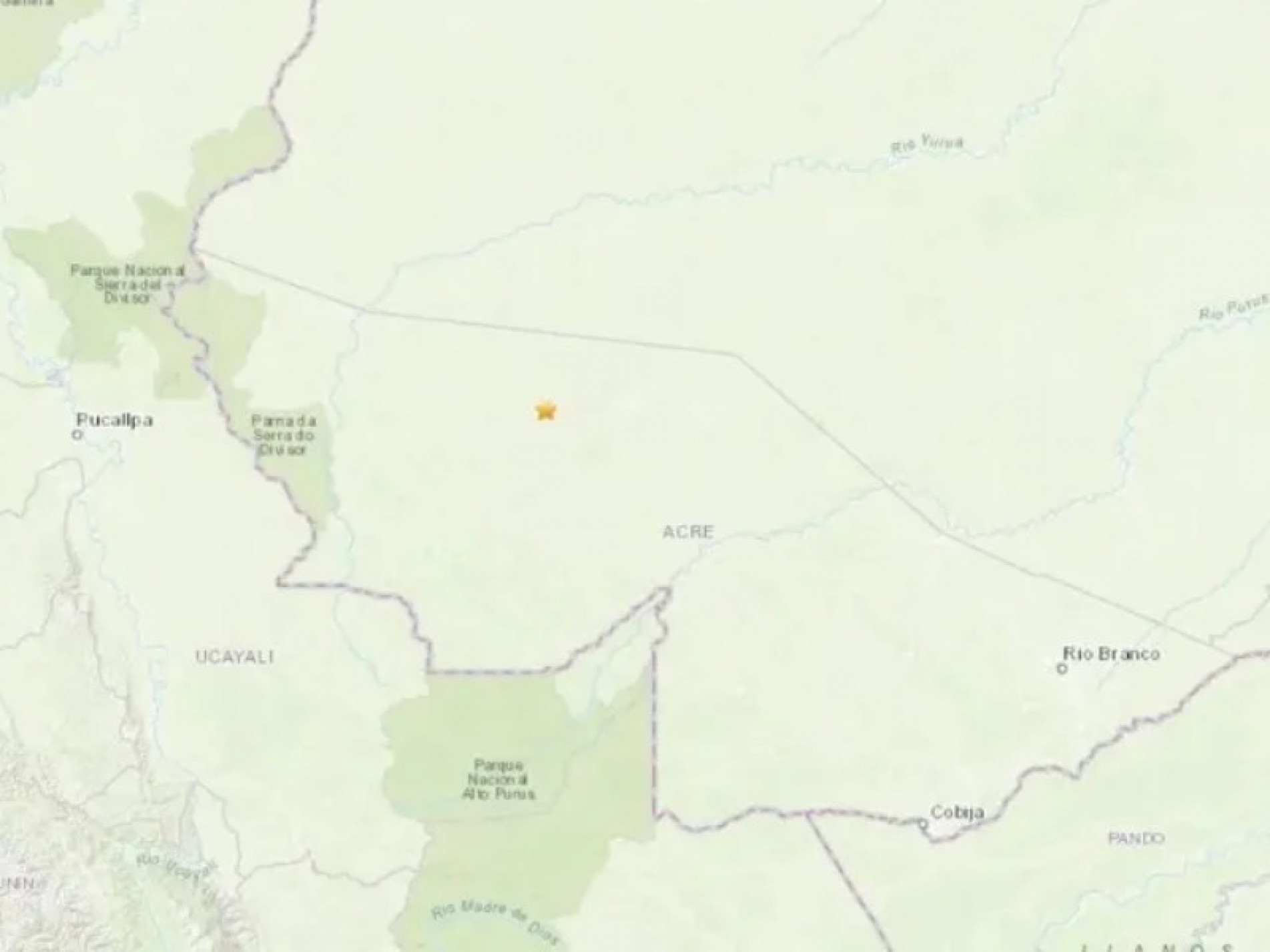 Estrela mostra local do terremoto de 6,5 graus de magnitude no Acre