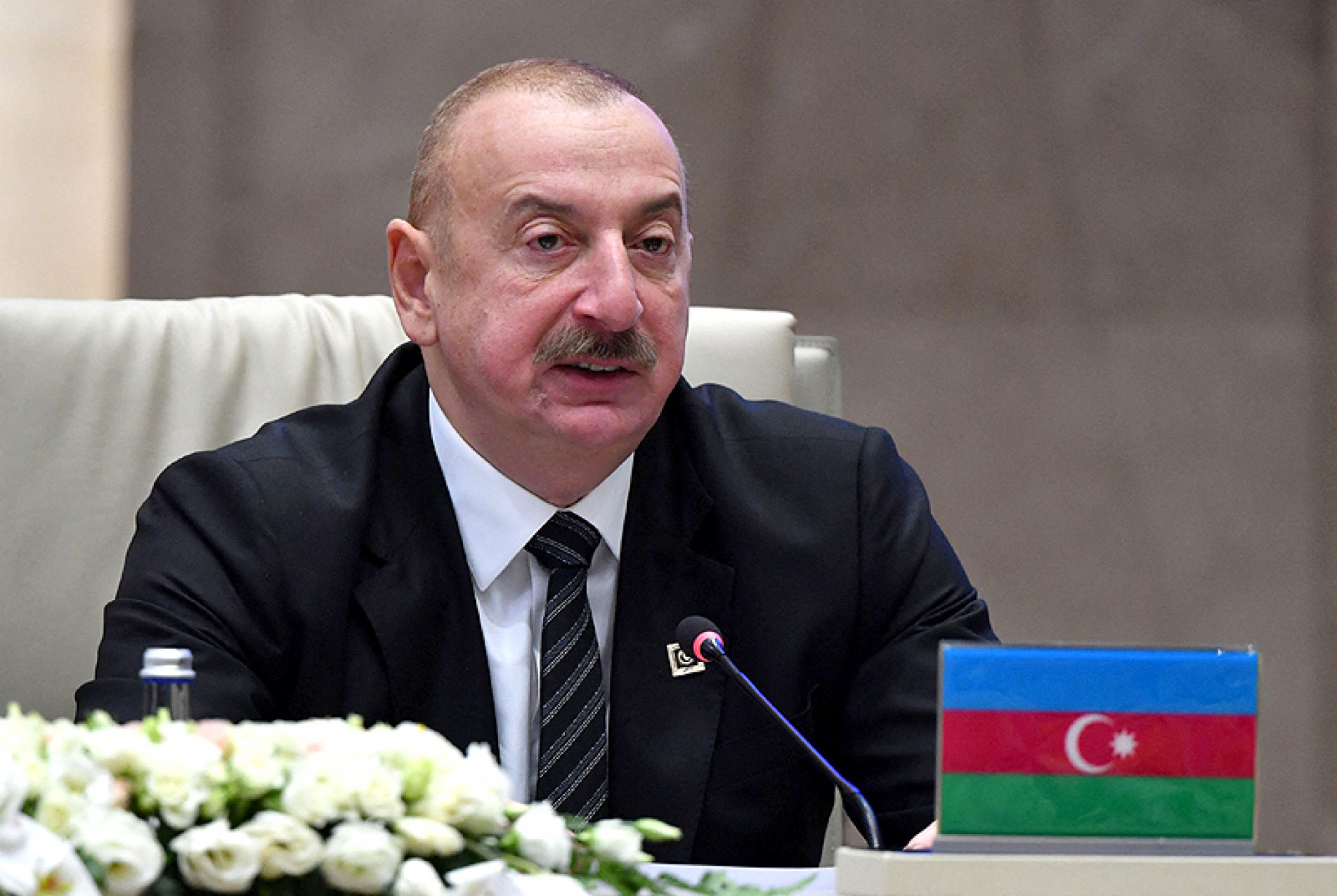 Azerbaijan's President Ilham Aliyev attends the 11th summit of the of heads of state of the Organization of Turkic States (OTS) at the Yntymak Ordo state residence in Bishkek on November 6, 2024. (Photo by VYACHESLAV OSELEDKO / AFP)